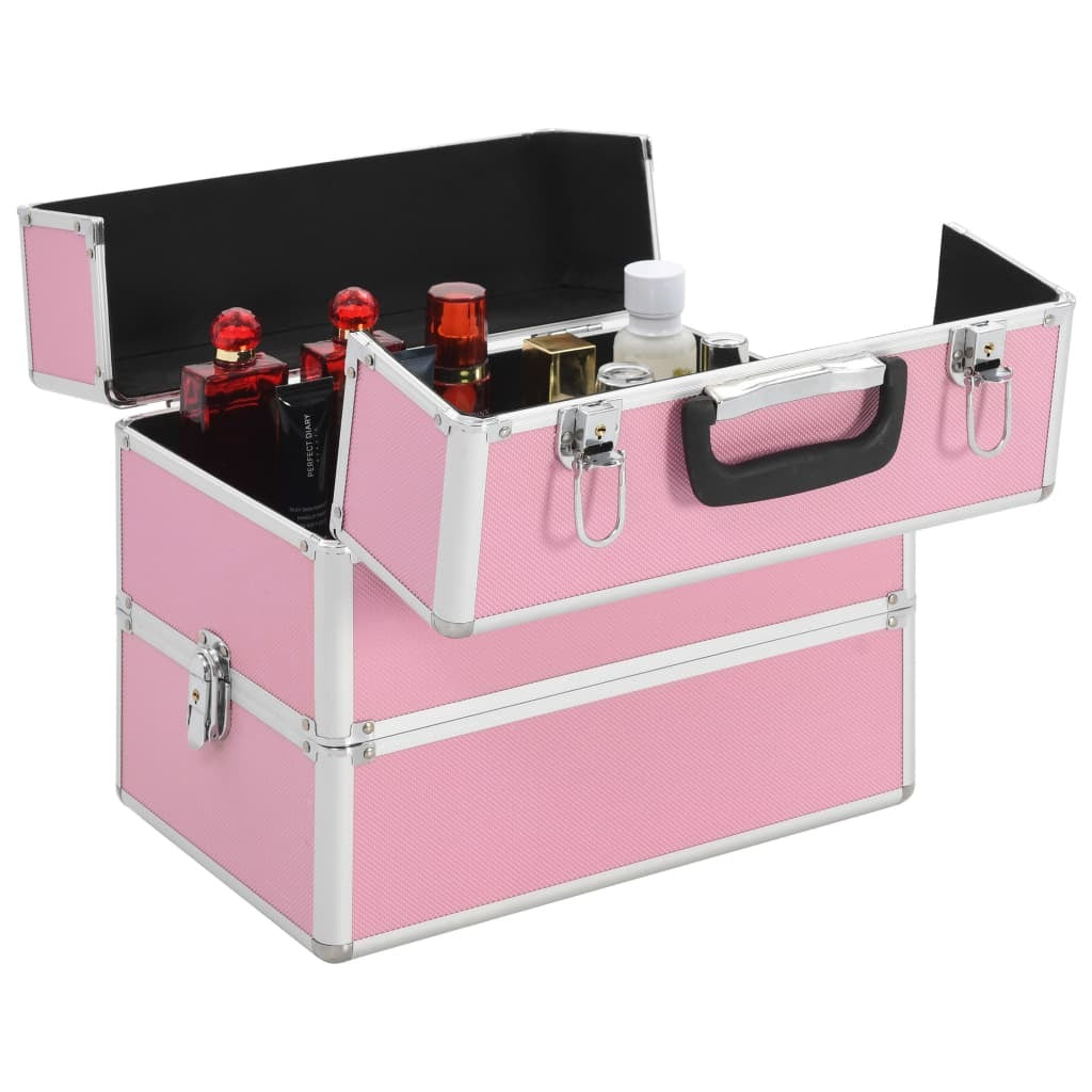 Pink Aluminium Makeup Case – Professional Cosmetic Box with Tiers