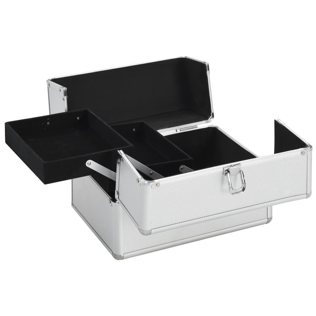 Silver Aluminium Makeup Case – Lockable Cosmetic Storage Box with Trays
