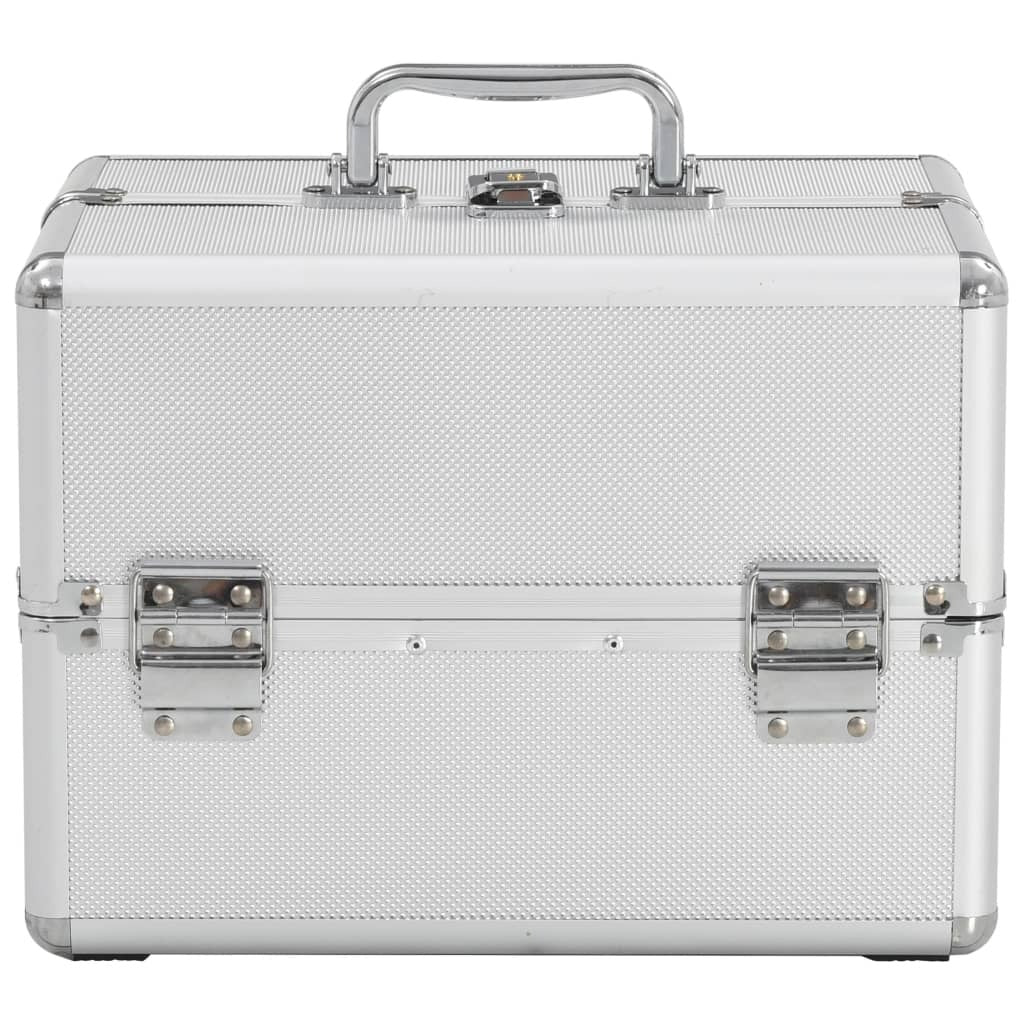 Silver Aluminium Makeup Case – Lockable Cosmetic Storage Box with Trays