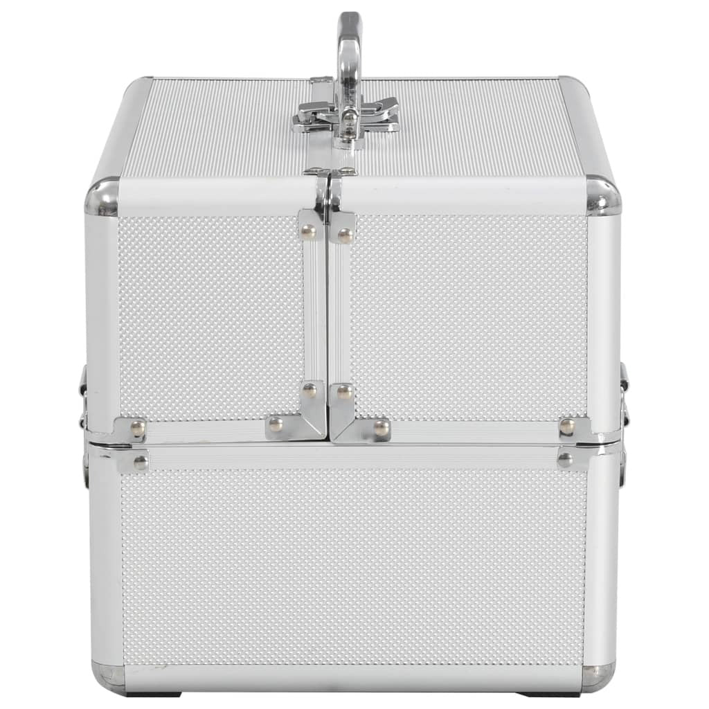 Silver Aluminium Makeup Case – Lockable Cosmetic Storage Box with Trays