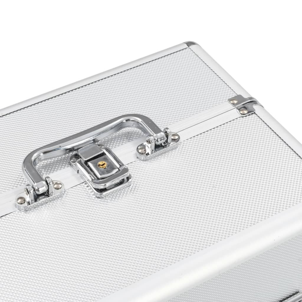Silver Aluminium Makeup Case – Lockable Cosmetic Storage Box with Trays