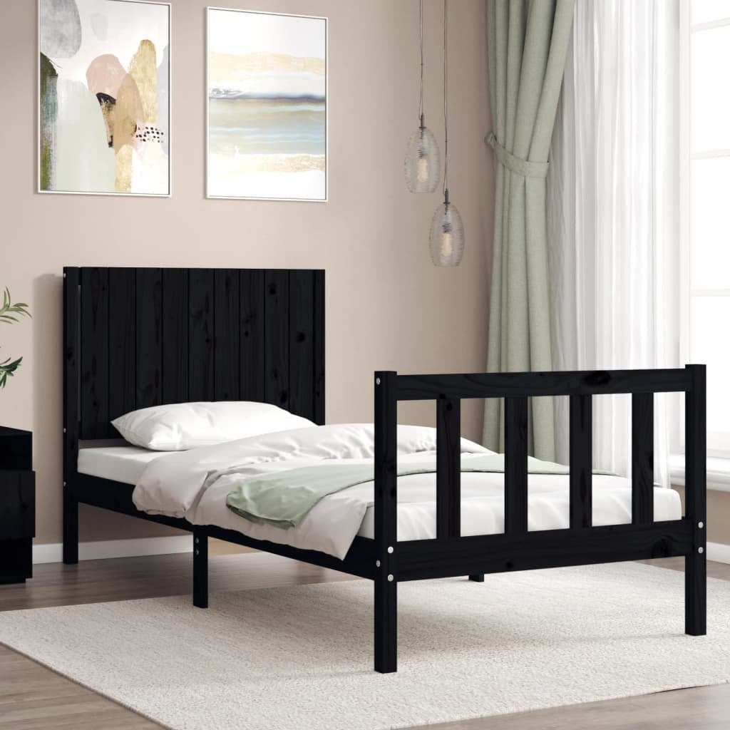 Bed Frame with Headboard Black Single Solid Wood