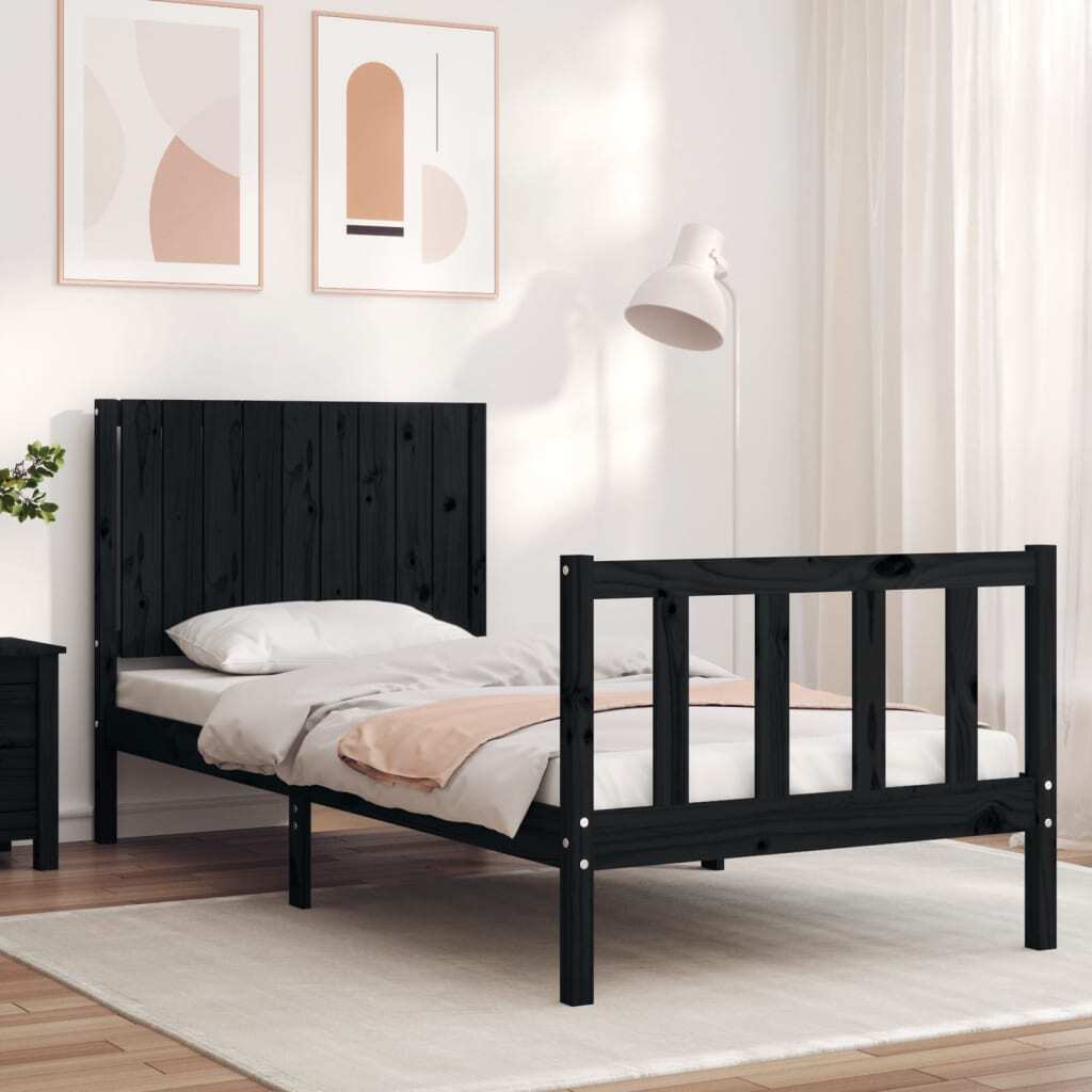 Bed Frame with Headboard Black Single Solid Wood