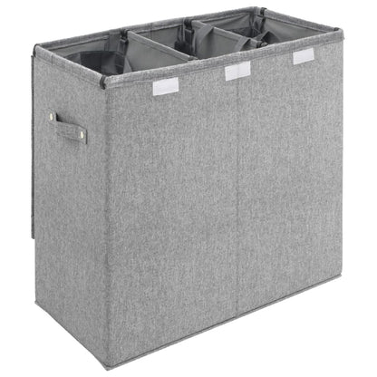 Foldable 3-Section Laundry Hamper with Lid & Handles – Grey Faux Linen