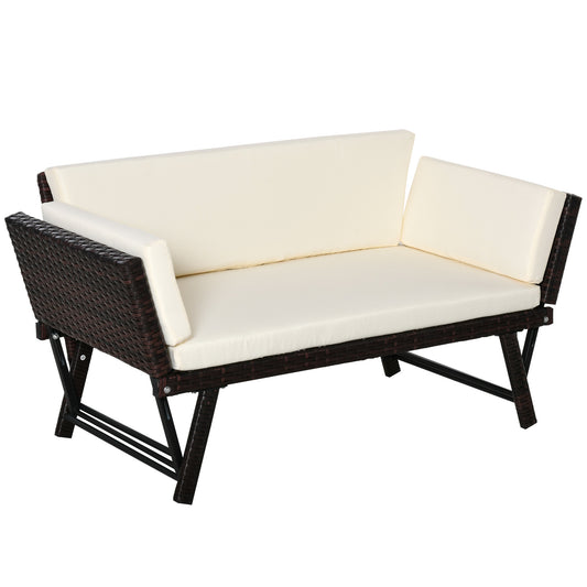 Outsunny 2-Seater 2-in-1 Rattan Convertible Sofa Daybed – Brown