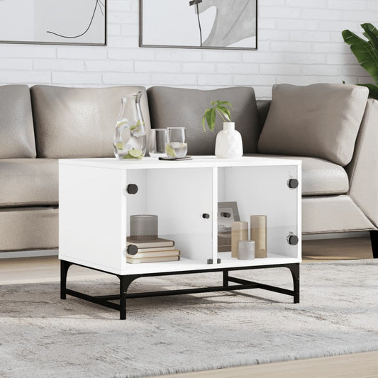 Modern White Coffee Table with Glass Doors – Engineered Wood Storage Table (68.5x50x50 cm)