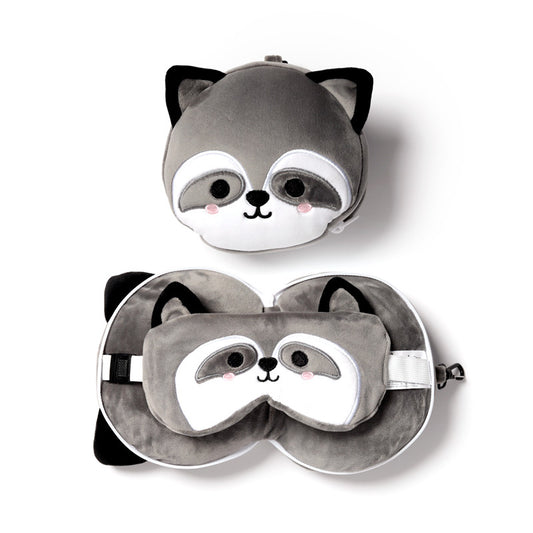 Raccoon Relaxeazzz Plush Round Travel Pillow  and  Eye Mask Set