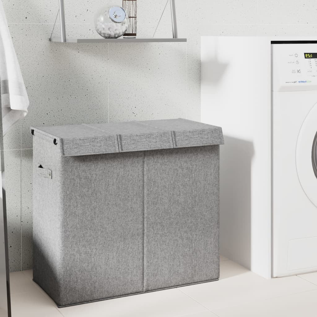 Foldable 3-Section Laundry Hamper with Lid & Handles – Grey Faux Linen