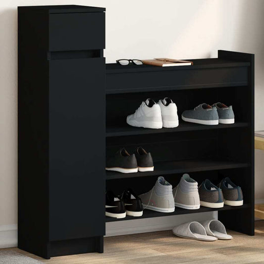 Modern Black Shoe Cabinet – Engineered Wood Storage with Drawer, Shelves & Doors (100.5x28x100 cm)