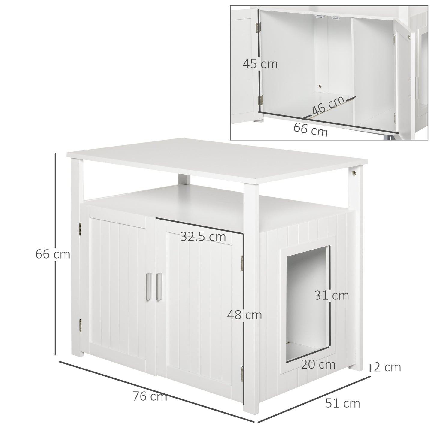 Inside Tabletop Side Table Cat Box Fixture w/ Magnetic Closing Door, White