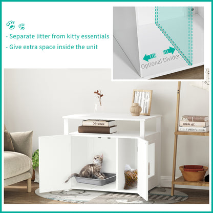 PawHut Cat Litter Box Furniture – Side Table Cabinet with Magnetic Doors, White