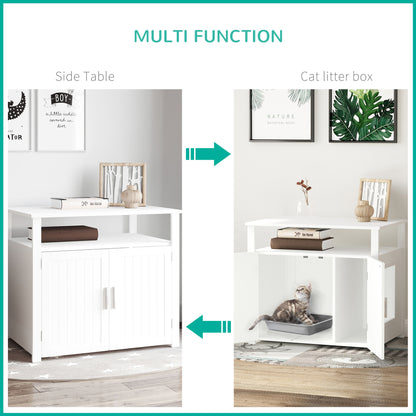 PawHut Cat Litter Box Furniture – Side Table Cabinet with Magnetic Doors, White