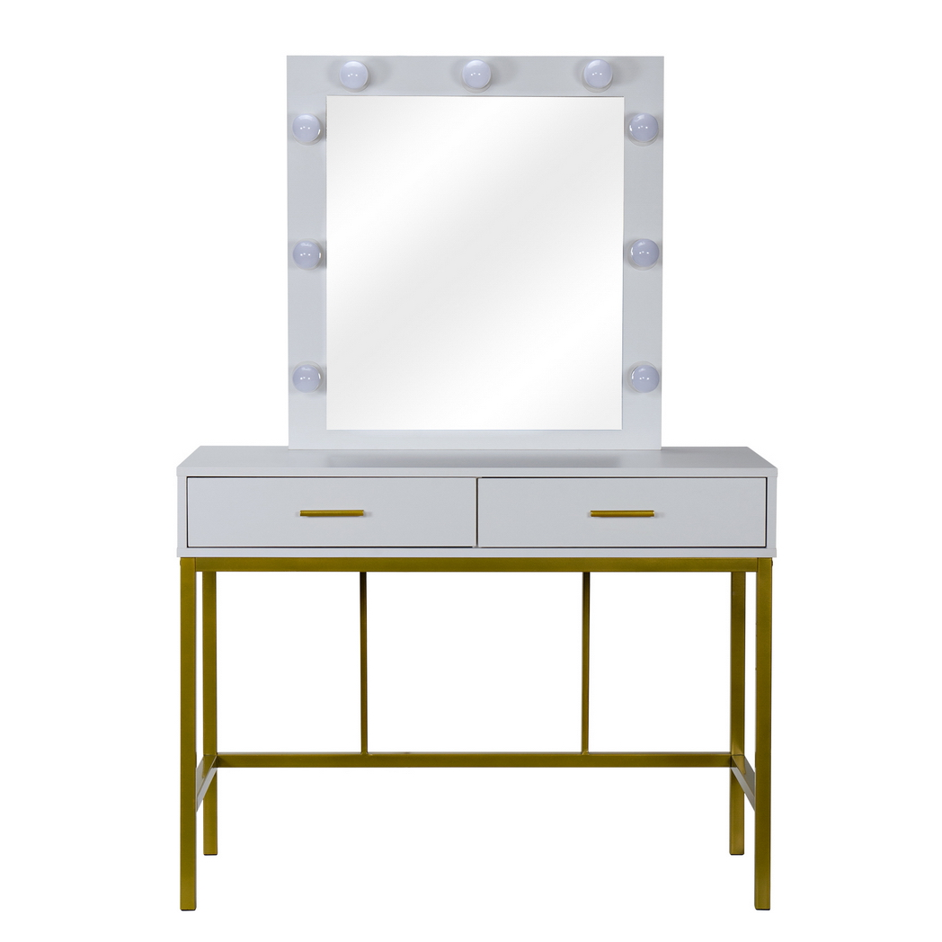 Single Mirror With 2 Drawers And Light Bulbs, Steel Frame Dressing Table White