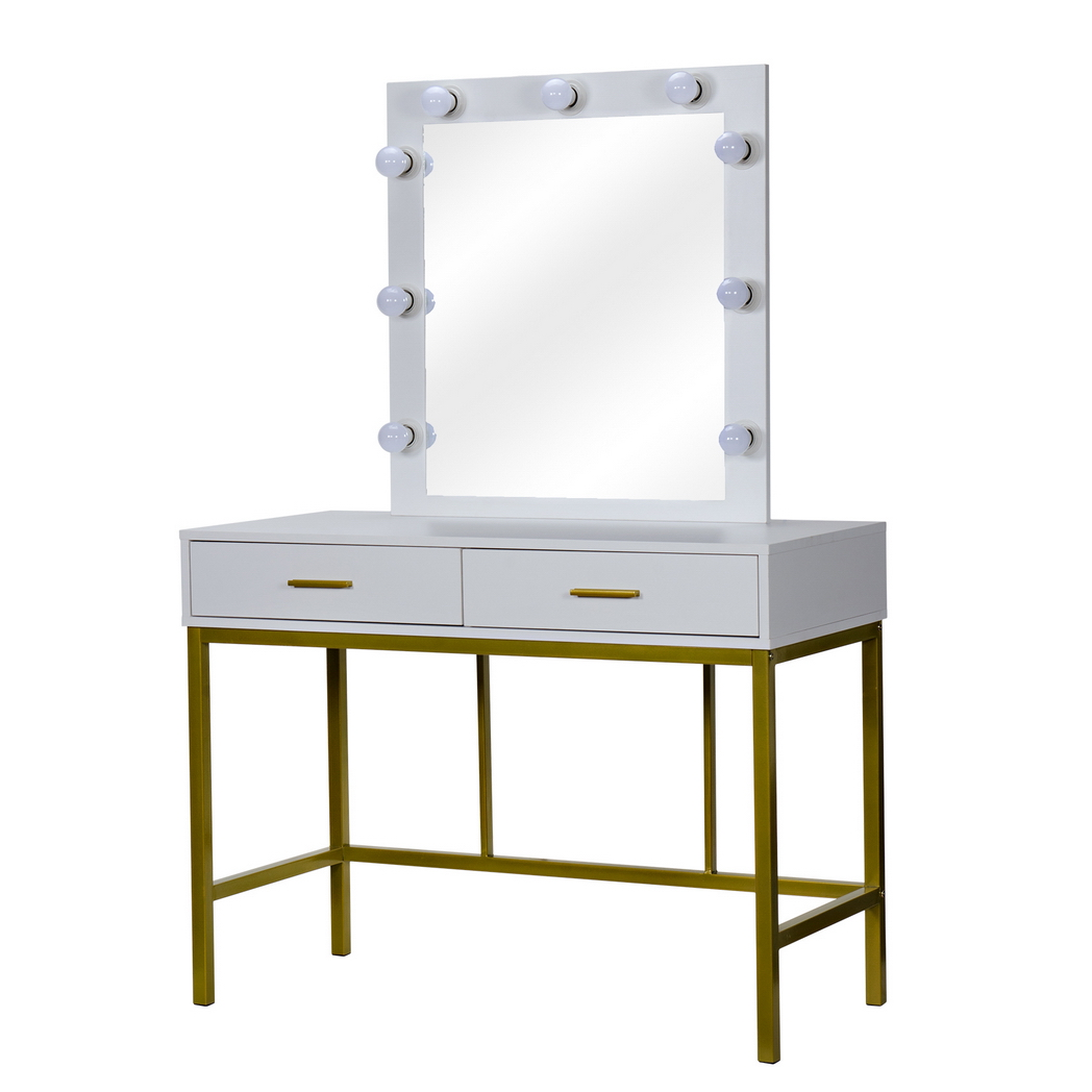 Single Mirror With 2 Drawers And Light Bulbs, Steel Frame Dressing Table White