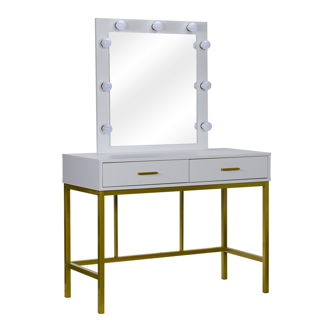 Single Mirror With 2 Drawers And Light Bulbs, Steel Frame Dressing Table White