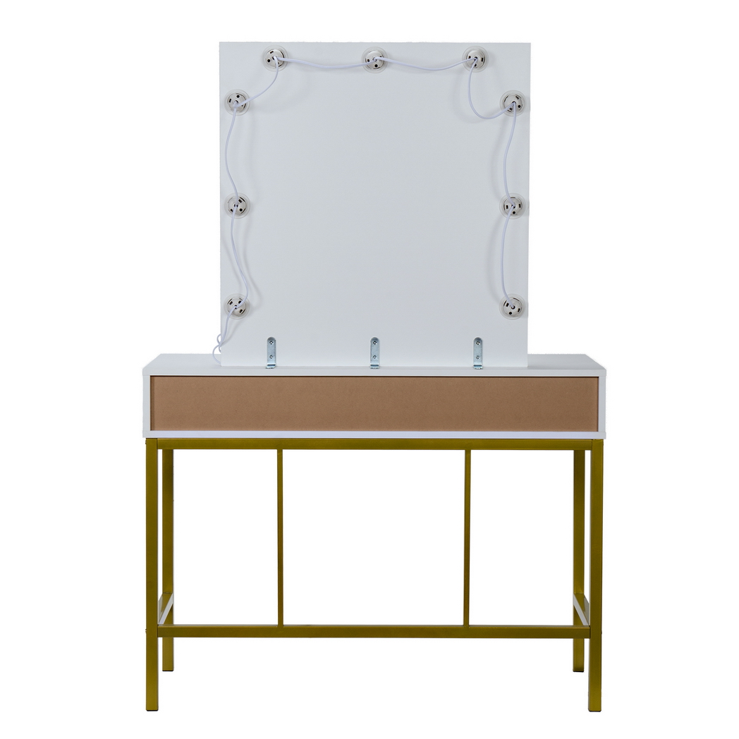 Single Mirror With 2 Drawers And Light Bulbs, Steel Frame Dressing Table White