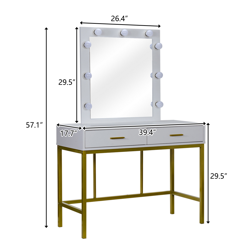 Single Mirror With 2 Drawers And Light Bulbs, Steel Frame Dressing Table White