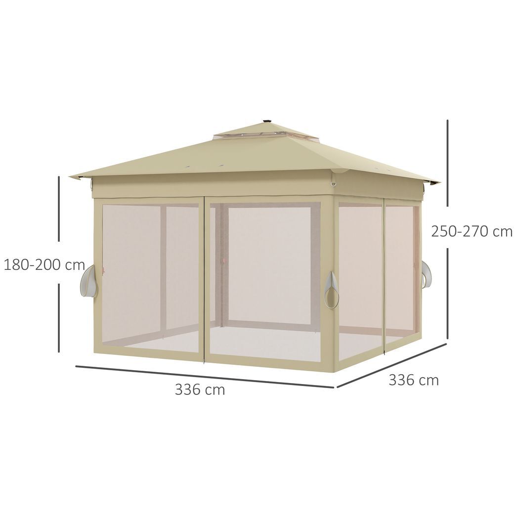 Pop Up Gazebo w/ Solar-Powered LED Lights Curtain Netting Khaki