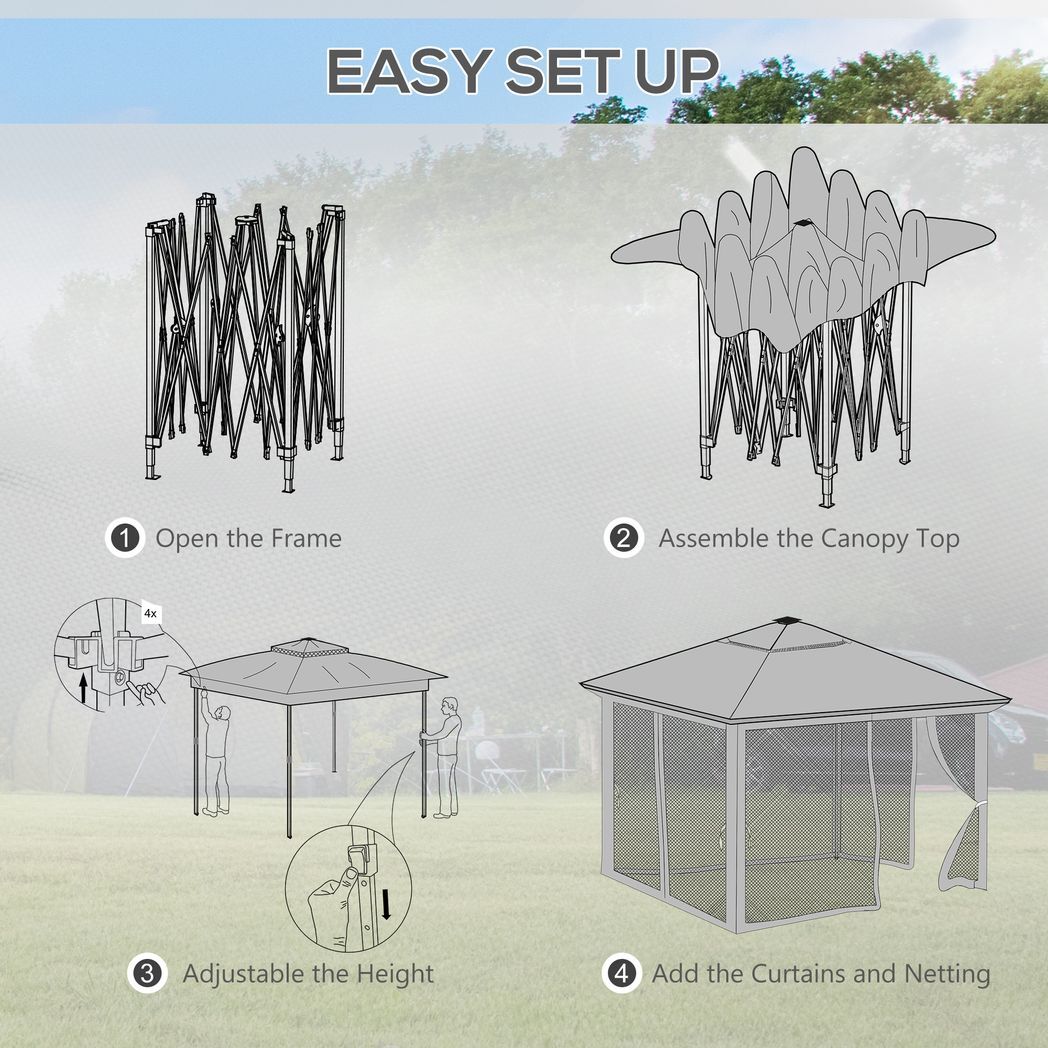 Pop Up Gazebo w/ Solar-Powered LED Lights Curtain Netting Khaki