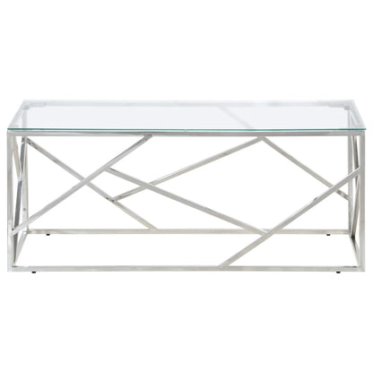 Modern Silver Coffee Table – Stainless Steel Frame & Tempered Glass Top | 110x45x45 cm