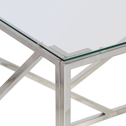 Modern Silver Coffee Table – Stainless Steel Frame & Tempered Glass Top | 110x45x45 cm