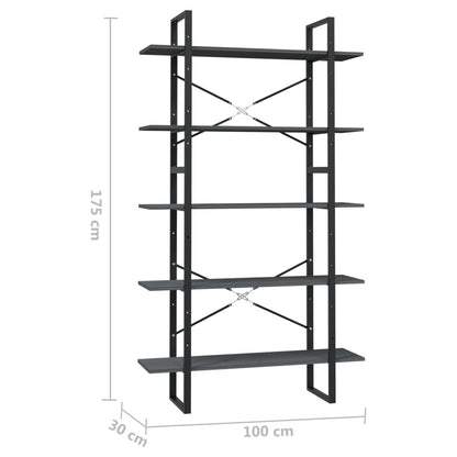 5-Tier Grey Book Cabinet – 100x30x175 cm | Pinewood Bookshelf with Tall Vertical Storage