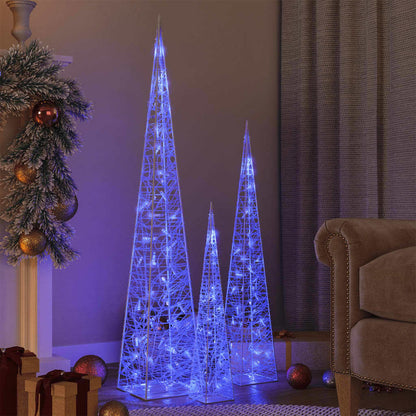 Set of 3 Blue LED Acrylic Christmas Light Cones – 60/90/120cm – Indoor & Outdoor Decoration