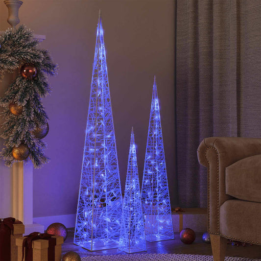 Set of 3 Blue LED Acrylic Christmas Light Cones – 60/90/120cm – Indoor & Outdoor Decoration