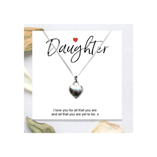 Daughter Heart Necklace Gift with Message Card – Sterling Silver Charm