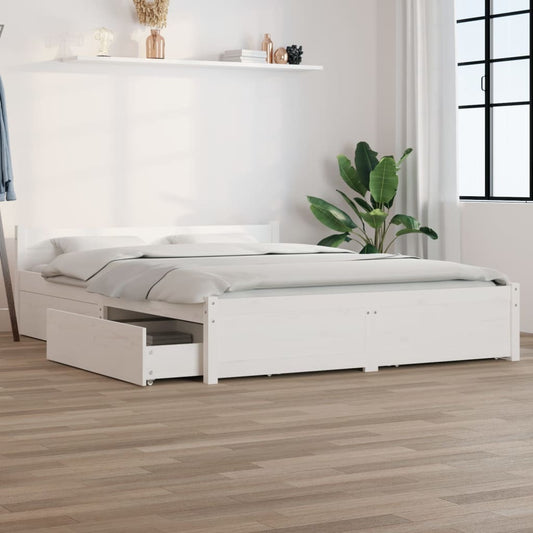 White Wooden Bed Frame with Drawers – King Size 150x200 cm | Solid Pine Wood Storage Bed with Headboard