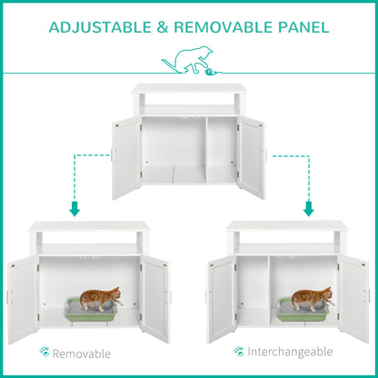 PawHut Cat Litter Box Furniture – Side Table Cabinet with Magnetic Doors, White