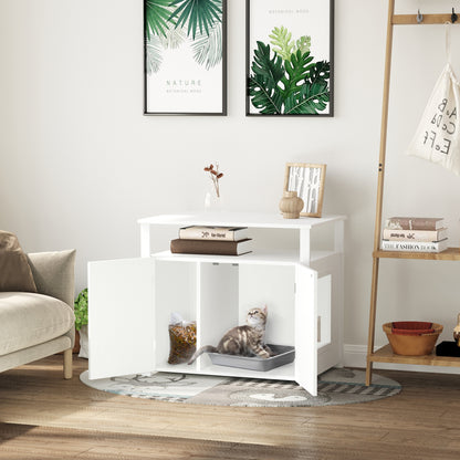 PawHut Cat Litter Box Furniture – Side Table Cabinet with Magnetic Doors, White