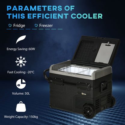 50L 12V Portable Car Refrigerator – Freezer with Inner LED Light, Wheels, and Digital Temperature Control by Outsunny