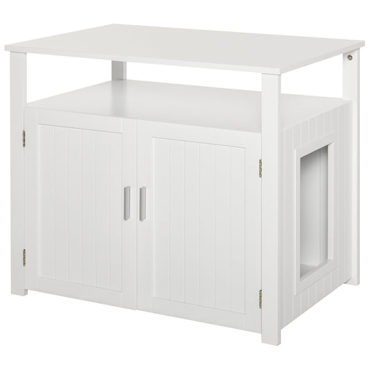 PawHut Cat Litter Box Furniture – Side Table Cabinet with Magnetic Doors, White