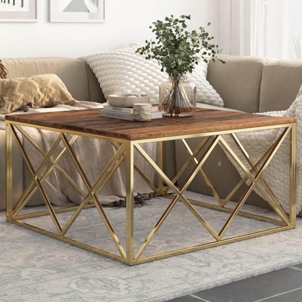 Coffee Table Gold Stainless Steel and Solid Sleeper Wood