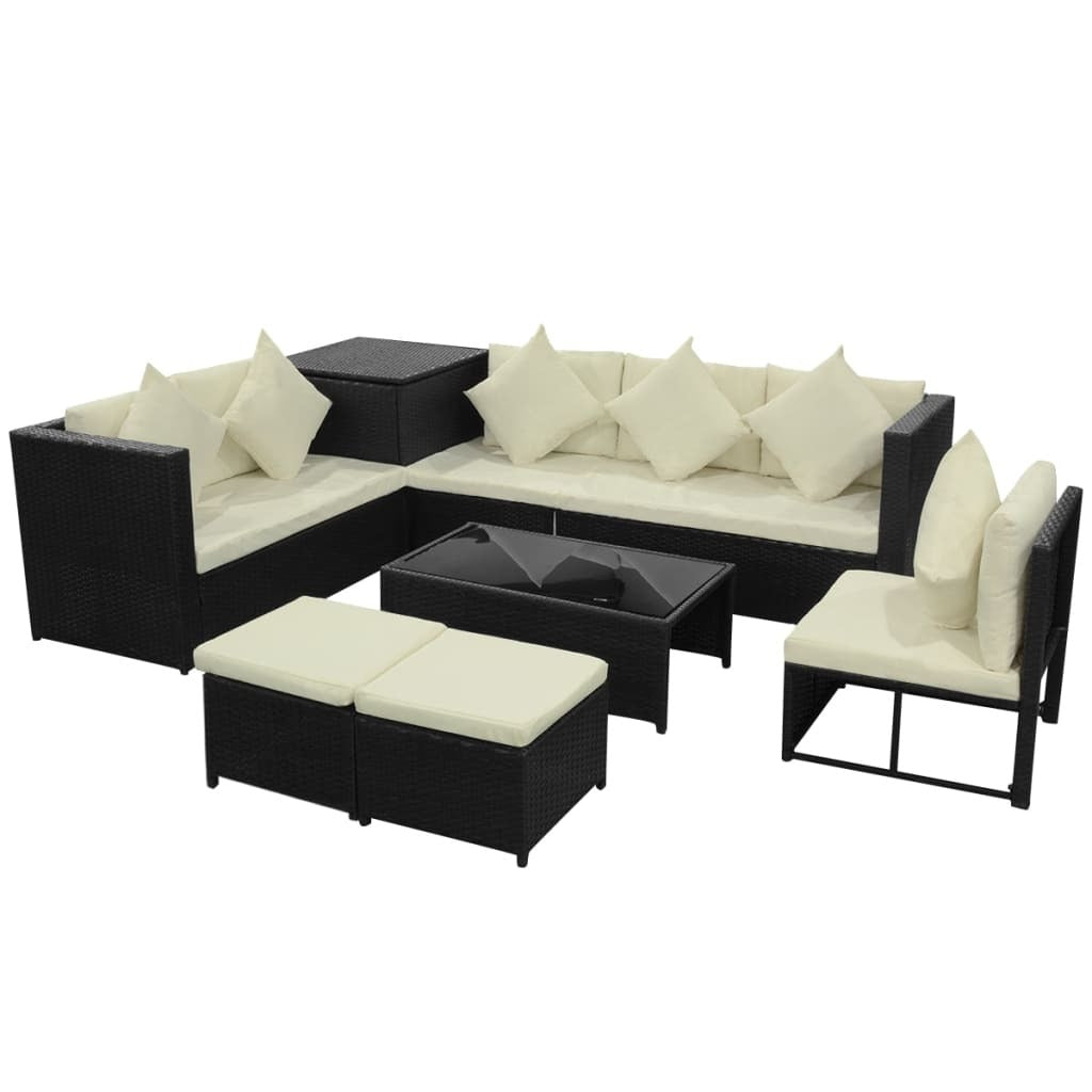 Garden Lounge Set with Cushions Poly Rattan Black