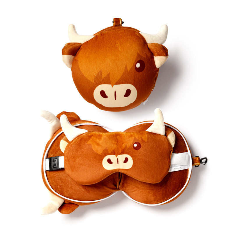 Highland Coo Cow Relax Plush Round Travel Pillow and Eye Mask Set