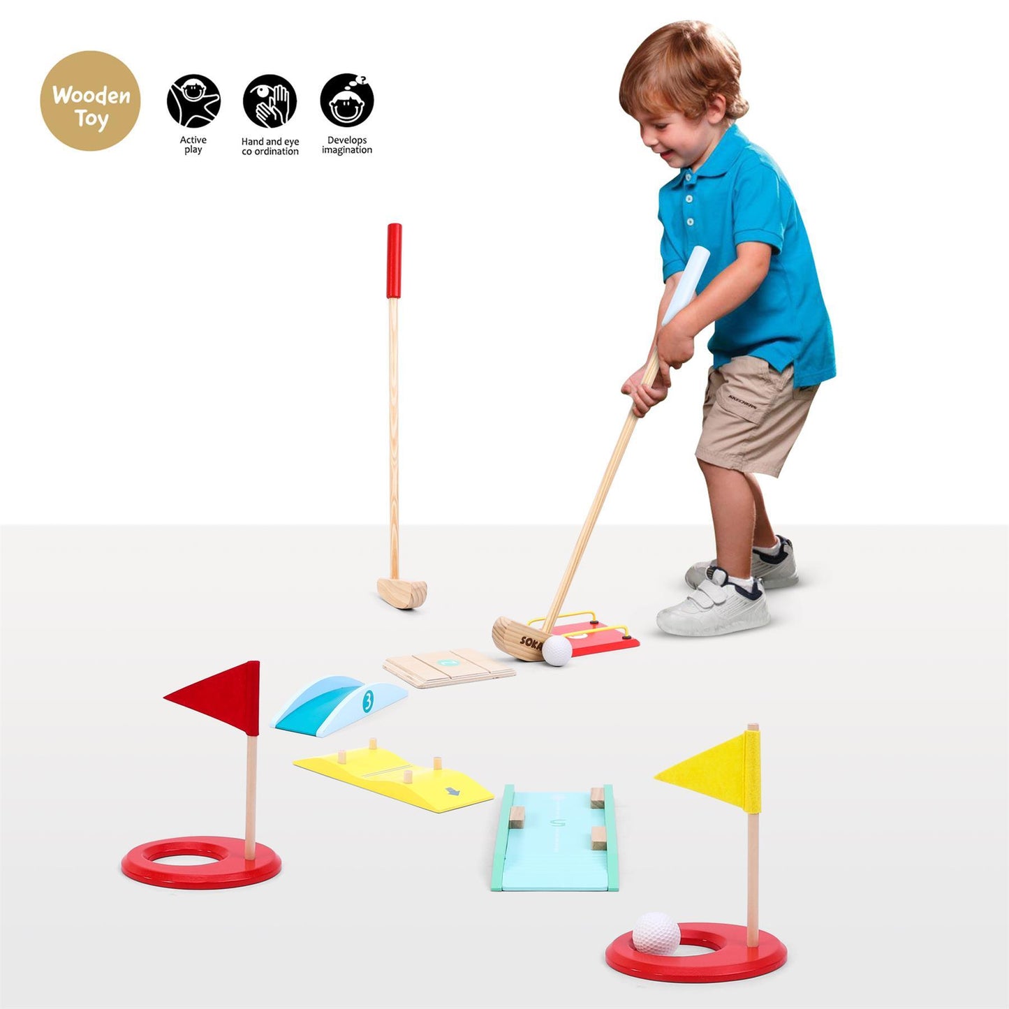 SOKA Wooden Golf Toy Set Indoor Outdoor DIY Obstacles for Family Kids 3+