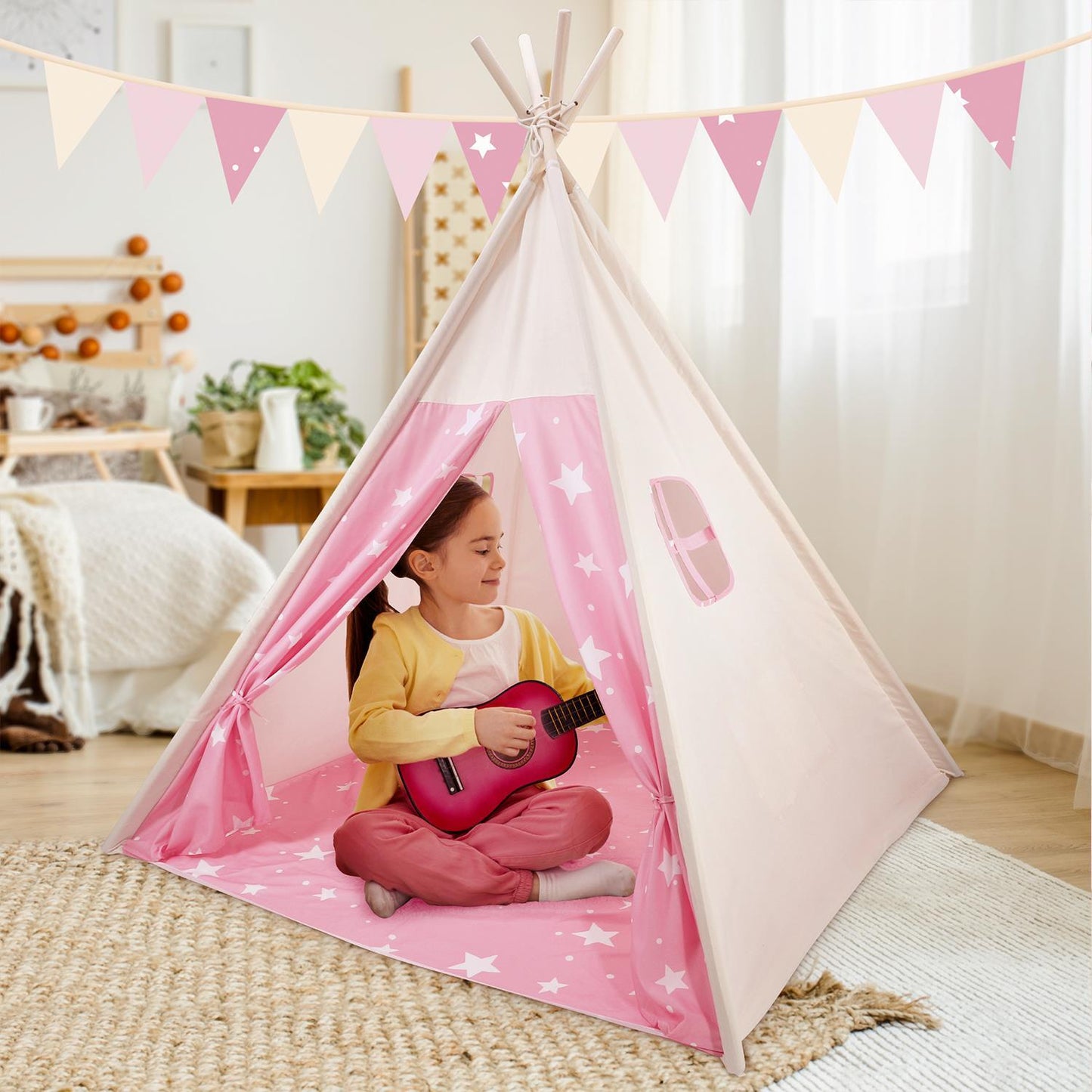 SOKA Pink Teepee Tent for Kids Foldable Cotton Canvas Indoor Outdoor Playhouse