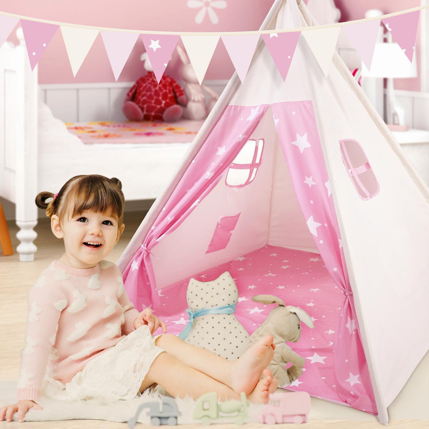 SOKA Pink Teepee Tent for Kids Foldable Cotton Canvas Indoor Outdoor Playhouse