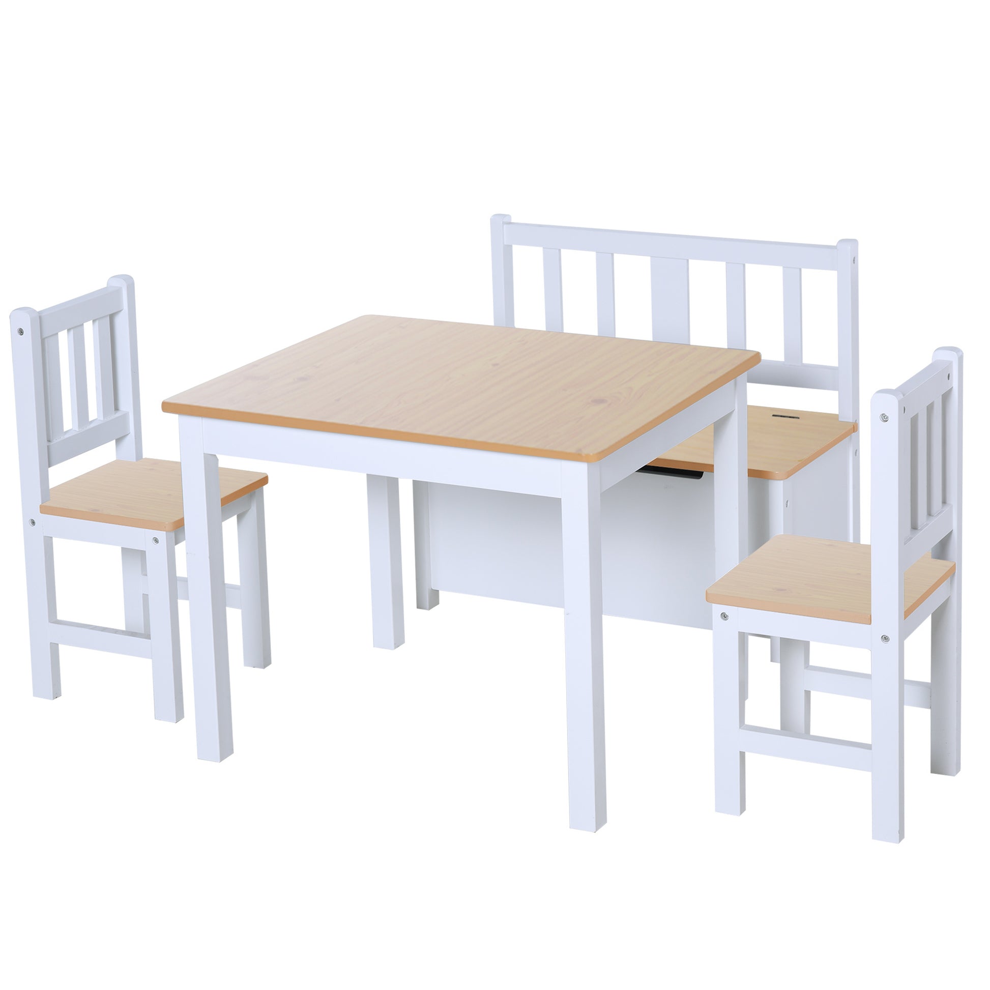 4-Piece Set Kids Wood Table Chair Bench Storage Function for 3 Years