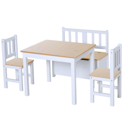 Kids Wooden Table, Chair & Storage Bench Set – 4 Piece | HOMCOM